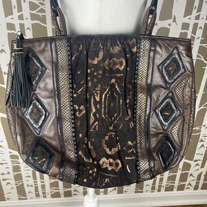 Sharif Vtg 80s Leather Mixed Media Patchwork Shoulder Bag Brown, Black, Copper